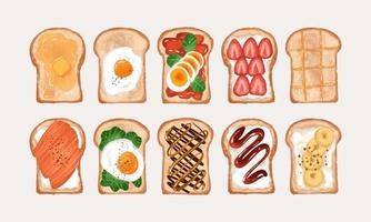 Handdrawn sandwich watercolor breakfast. Egg, chocolate jam, strawberry, honey jam vector collection