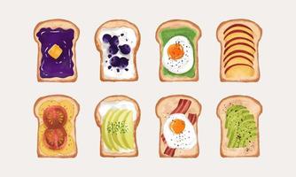 Sandwich watercolor sunny side up. Egg and jam, vegetables vegan vector collection.
