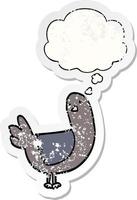 cartoon pigeon and thought bubble as a distressed worn sticker vector