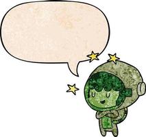 cartoon female future astronaut in space suit and speech bubble in retro texture style vector