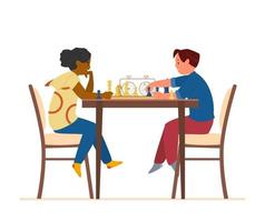 Boy And Girl Sitting At Table Playing Chess Flat Vector Illustration. Isolated On White.