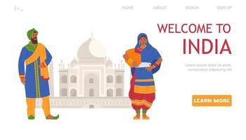 Welcome to India vector landing page template. Man and woman in traditional clothing standing in front of Taj Mahal.