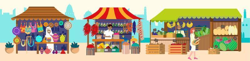 Vector illustration of asian bazaar with sellers. Souvenirs, pottery, spices, jewelry, fruits and vegetables. Flat vector illustration.