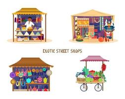 Set of exotic street shops in flat cartoon style. Asian market set. Vegetables cart, sweets shop with merchant, fabrics and carpets shop,  Mexican souvenirs. Trade fair. Flat design. vector