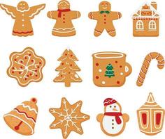 conjunto vectorial de galletas de jengibre navideñas en diferentes formas. ángel, casa, árbol, copo de nieve, copa, campana, muñeco de nieve, linterna, bastón, hombre de pan de jengibre. aislado en blanco vector