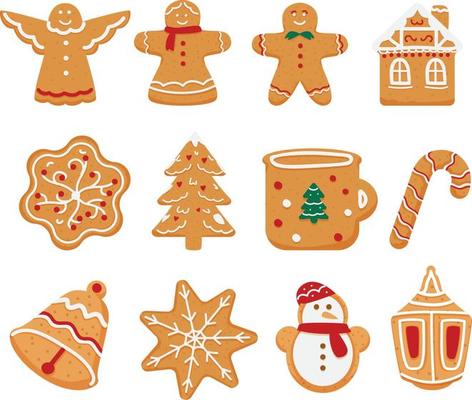 Vector Set Of Christmas Gingerbread Cookies In Different Shapes. Angel, House, Tree, Snowflake, Cup, Bell, Snowman, Lantern, Cane, Gingerbread Man. Isolated On White.