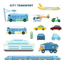 Modern city transport set. Electro bus, car, train, trash truck, plain, helicopter, scooter, taxi, cars front, boat, charging station. Flat vector illustration.