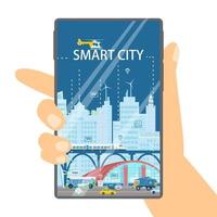 City in your smartphone concept. Hand holding phone with cityscape of smart city. Skyscrapers, high speed train, electro bus, cars, helicopter. Flat vector illustration.