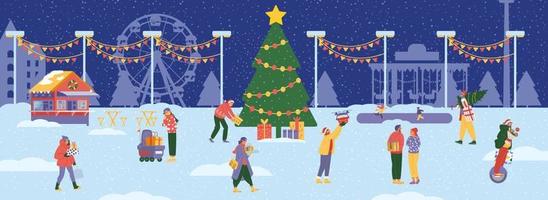 escena del parque de atracciones de invierno con un gran árbol de navidad y gente alrededor con cajas de regalo. banner horizontal de vector plano.