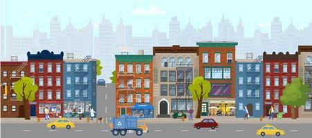 panorama horizontal de la ciudad de verano con casas, tiendas, gente, coches, scycrapers en el fondo. calle de la ciudad ilustración vectorial plana. vector