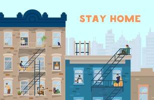 Stay home motivational banner. People in windows staying home due to quarantine , working, studying, playing guitar, reading. Brick houses front. Flat vector illustration.