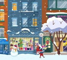 Winter cityscape with shops and Santa walking with presents. Gifts shop showcase. Shop exterior. Christmas city night. Flat cartoon. vector