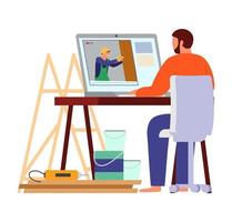 Man Surrounded By Tools And Paint Cans Watching Do It Yourself Builder's Video Blog On Laptop. Flat Vector Illustration. Isolated On White.