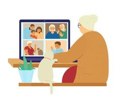 Family videoconference. Online communication. Old lady in front of computer screen with family members on it. Grandparents, grandchildren, parents. Flat vector illustration.