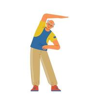 Senior man doing exercises flat vector illustration. Elderly man stretching and leaning.
