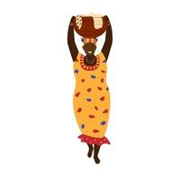 African woman in colorful dress carrying big jug with linen. Ethnic character. Vector flat illustration.