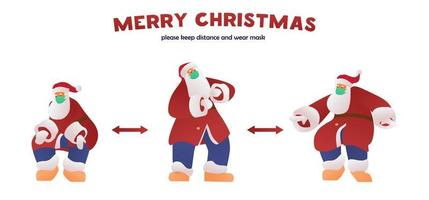 COVID-19 Keep Social Distance Merry Christmas Banner With Dancing Santa Claus In Protective Mask. Vector Illustration.