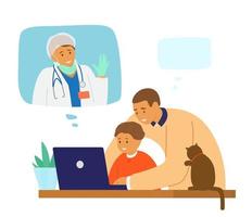 Family videoconference. Dad with kid talks by video chat to his wife who is doctor in hospital fighting coronavirus epidemic. Child misses his mother. Flat vector illustration.