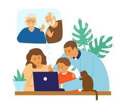 Family videoconference. Online communication. Parents with child chatting with granparents by video call. Flat vector illustration.