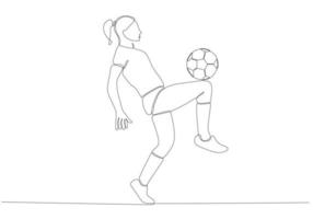 Continuous line drawing of female soccer player kicking the ball. Single line art of young female soccer player dribbling and juggling the ball. Vector illustration