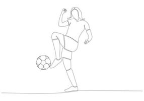 Continuous line drawing of female soccer player kicking the ball. Single line art of young female soccer player dribbling and juggling the ball. Vector illustration