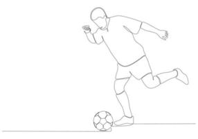 Continuous line drawing of male soccer player kicking the ball. Single line art of young female soccer player dribbling and juggling the ball. Vector illustration