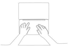 Line drawing of human male hand holding a laptop vector illustration