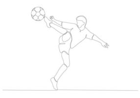 Continuous line drawing of male soccer player kicking the ball. Single line art of young female soccer player dribbling and juggling the ball. Vector illustration