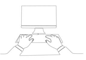 Line drawing of human male hand holding a laptop vector illustration