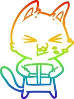 rainbow gradient line drawing cartoon hissing cat with christmas present vector