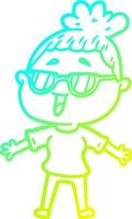 cold gradient line drawing cartoon happy woman wearing spectacles vector