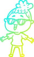 cold gradient line drawing cartoon happy woman wearing spectacles vector