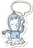 cartoon alien and speech bubble sticker vector