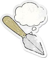 cartoon garden trowel and thought bubble as a distressed worn sticker vector