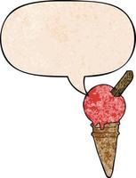 helado de dibujos animados y burbujas de habla en estilo de textura retro vector