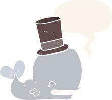 cartoon whale wearing top hat and speech bubble in retro style vector