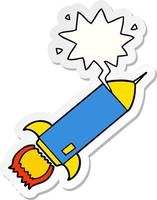 cartoon rocket and speech bubble sticker vector