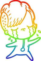 rainbow gradient line drawing cartoon crying girl wearing space clothes vector