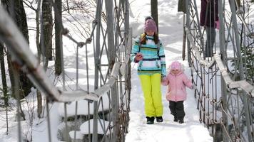 Mom with a three year old daughter on the suspend bridge in the winter forest video