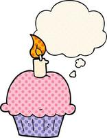 cartoon birthday cupcake and thought bubble in comic book style vector