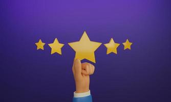 Businessman's hand holding a yellow star placed in the middle of 5 stars on purple background photo