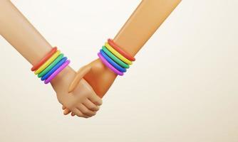 manos de pareja cogidas de la mano con collar de arco iris, símbolo lgbt foto