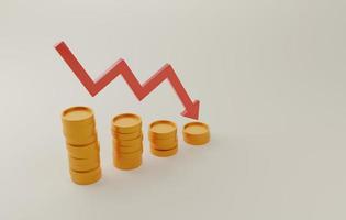 Red arrow graph pointing down with pile of coins falling on a white background. photo