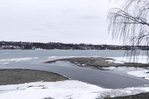 Frozen river, thawed places, beautiful landscape photo