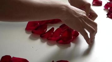 Woman making heart shaped rose petals on Valentine's Day video