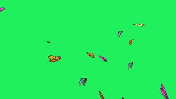 Realistic colorful butterflies flying on green background. video