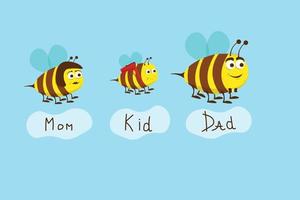 familia de abejas, lindas abejas voladoras aisladas en la ilustración vectorial de fondo azul. use estampado de moda, personaje de caricatura divertido. vector