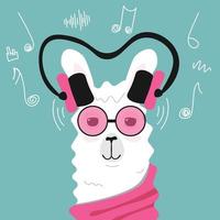 amante de la música lama o alpaca con gafas rosas y scraf. símbolos musicales en el fondo. ilustración vectorial vector
