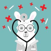 Lama or alpaca doctor in a dressing gown with badge, stethoscope and glasses. Medicine red cross symbols and syringe on background. Vector illustration