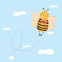 Cute Honey Bee Holding Red Heart, Lovely Flying Insect Character Cartoon Vector Illustration